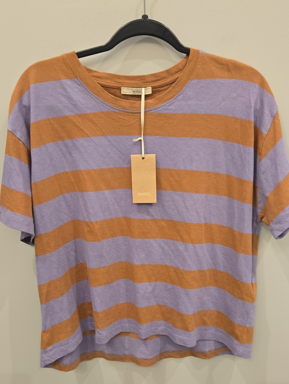 NWT Women's Sessun Casual Striped Crewneck Tee in Lavender and Rust. Medium.